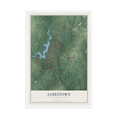 Map of Jamestown, North Carolina, 12 x 18 inch print in a white wood frame