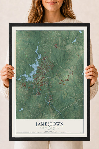 Map of Jamestown, North Carolina, 18 x 24 inch print in a black wood frame
