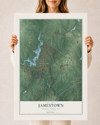 Map of Jamestown, North Carolina, 24 x 36 inch print in a white wood frame