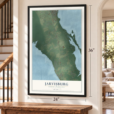 Jarvisburg, North Carolina map, 24 x 36 inch print in a black frame by a staircase