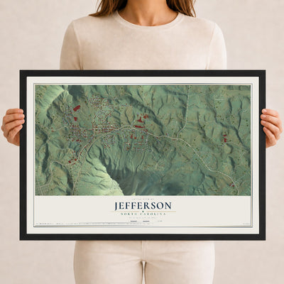 Map of Jefferson, North Carolina, 12 x 18 inch print in a black wood frame