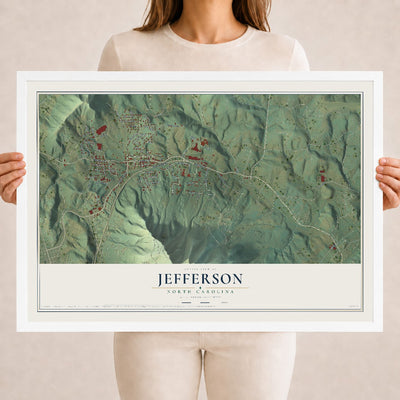 Map of Jefferson, North Carolina, 18 x 24 inch print in a white wood frame