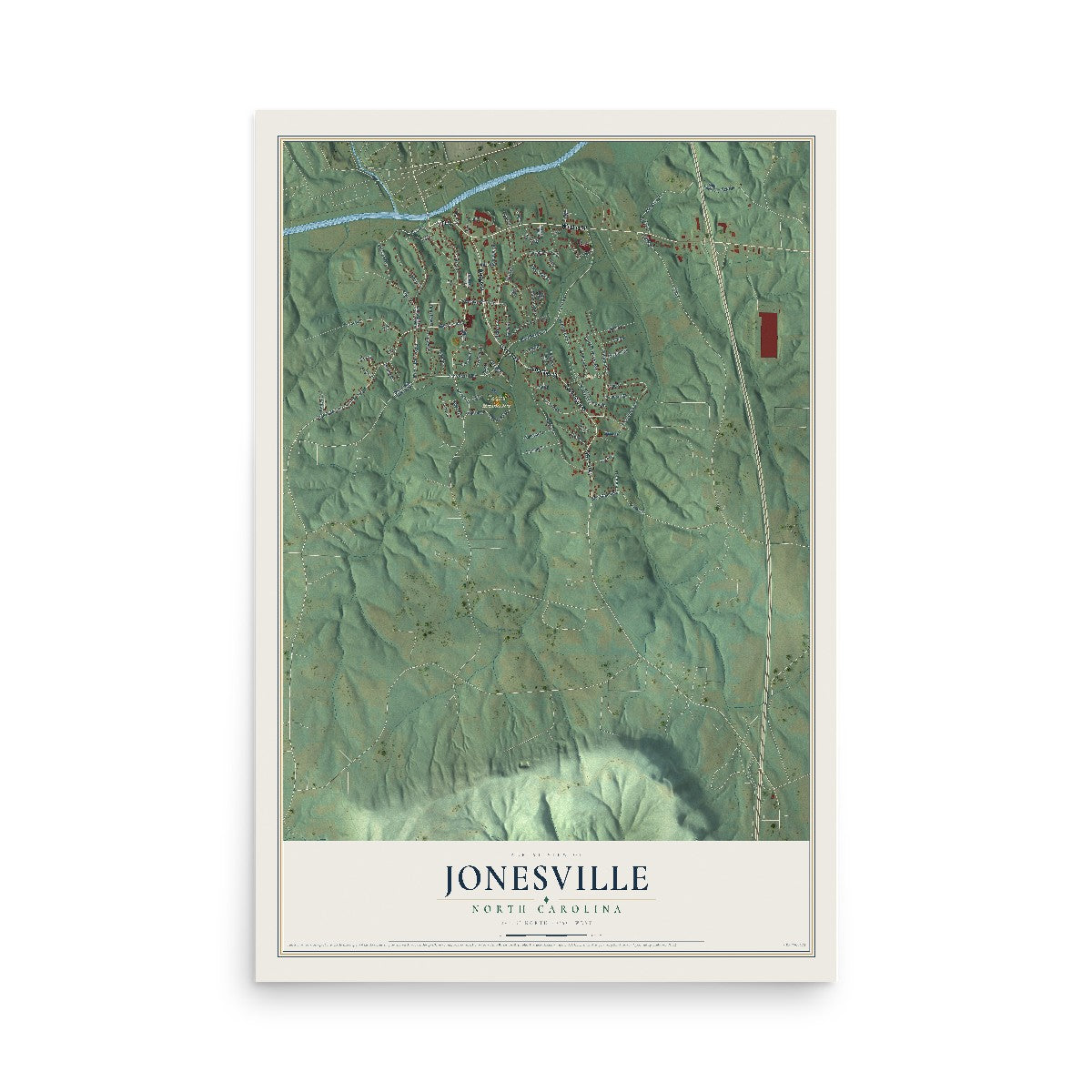 Map of Jonesville, North Carolina, 12 x 18 inch unframed archival matte print