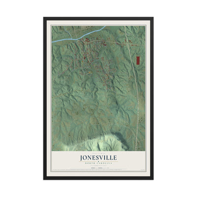 Map of Jonesville, North Carolina, 12 x 18 inch print in a black wood frame