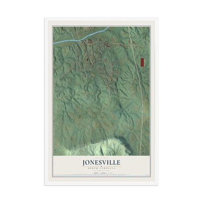 Map of Jonesville, North Carolina, 12 x 18 inch print in a white wood frame