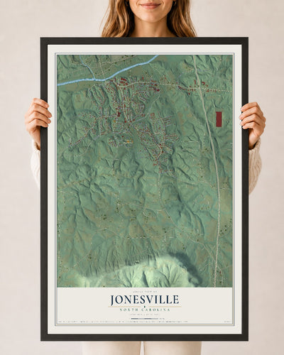 Map of Jonesville, North Carolina, 24 x 36 inch print in a black wood frame