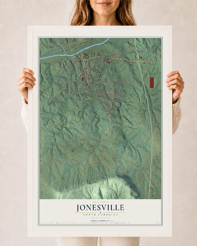 Map of Jonesville, North Carolina, 24 x 36 inch print in a white wood frame