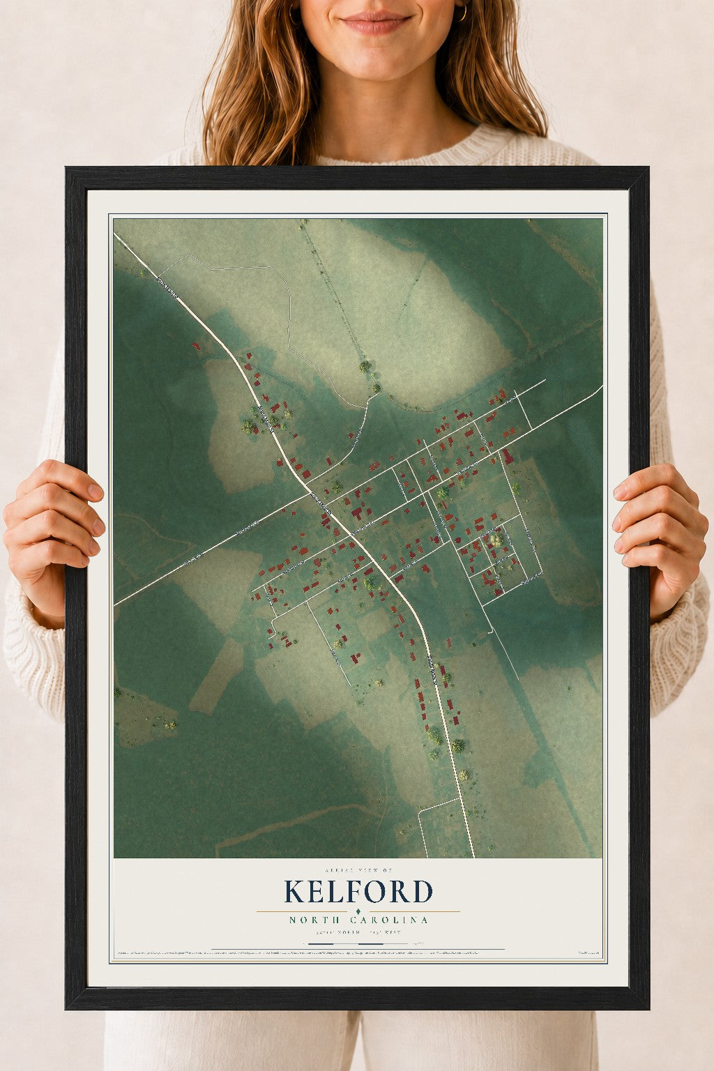 Map of Kelford, North Carolina, 18 x 24 inch print in a black wood frame