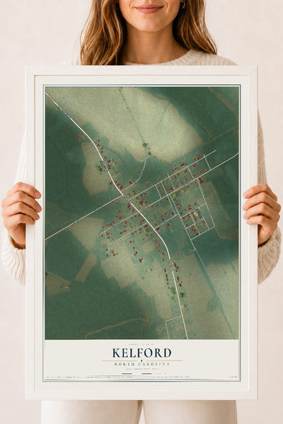 Map of Kelford, North Carolina, 18 x 24 inch print in a white wood frame