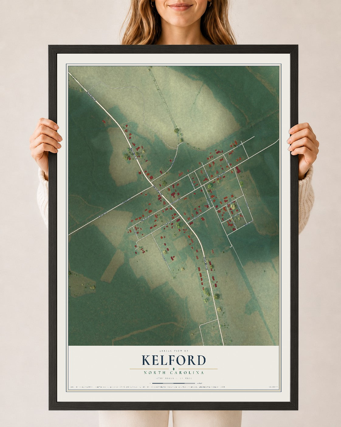 Map of Kelford, North Carolina, 24 x 36 inch print in a black wood frame