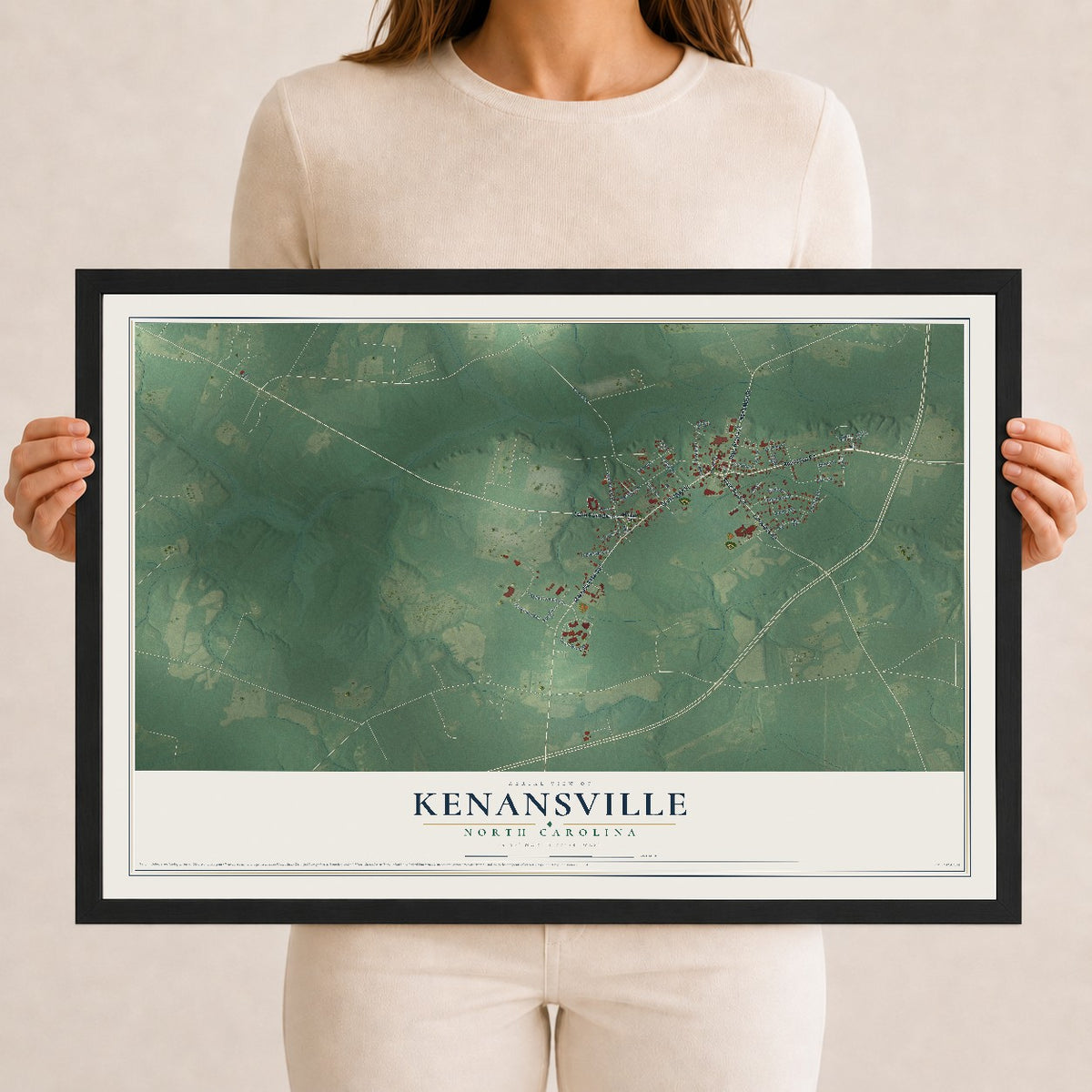 Map of Kenansville, North Carolina, 12 x 18 inch print in a black wood frame