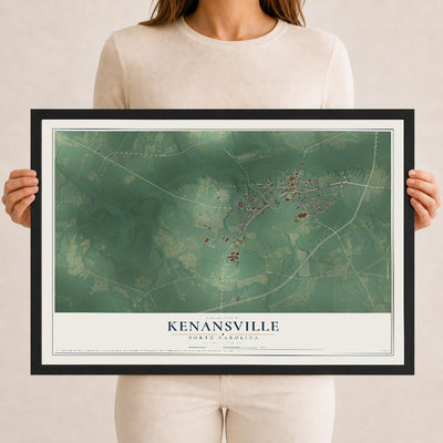 Map of Kenansville, North Carolina, 12 x 18 inch print in a black wood frame
