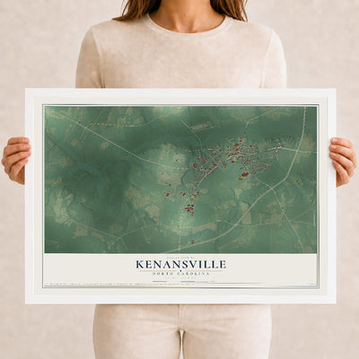 Map of Kenansville, North Carolina, 12 x 18 inch print in a white wood frame