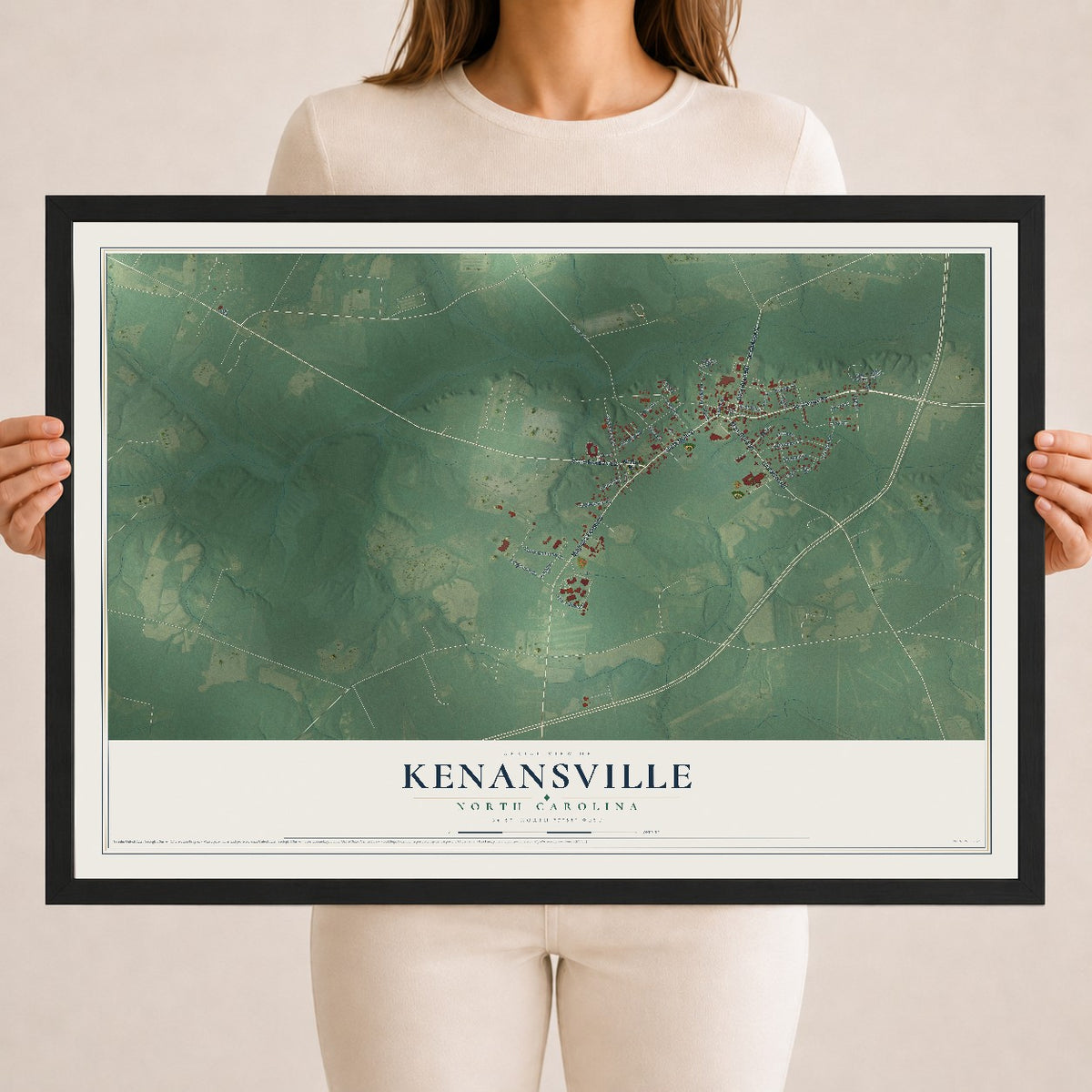 Map of Kenansville, North Carolina, 18 x 24 inch print in a black wood frame