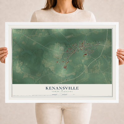 Map of Kenansville, North Carolina, 18 x 24 inch print in a white wood frame