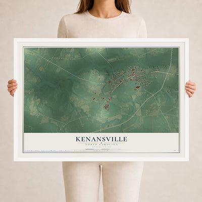 Map of Kenansville, North Carolina, 24 x 36 inch print in a white wood frame