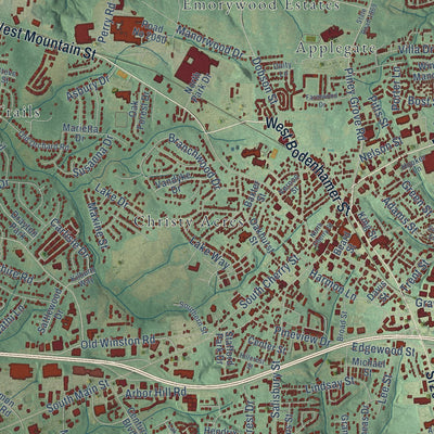 Close-up of the map of Kernersville, North Carolina print showing street and building detail