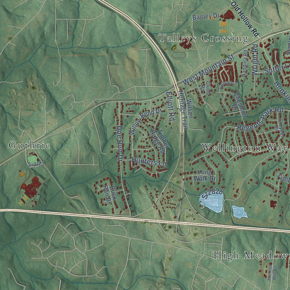 Second close-up of the map of Kernersville, North Carolina print showing more streets and buildings