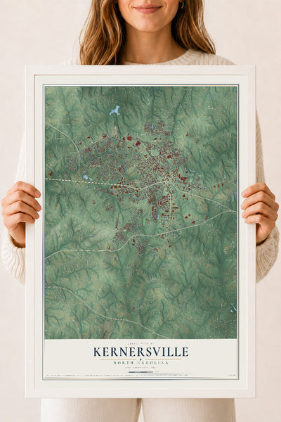 Map of Kernersville, North Carolina, 18 x 24 inch print in a white wood frame