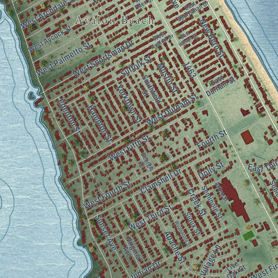 Close-up of the map of Kill Devil Hills, North Carolina print showing street and building detail