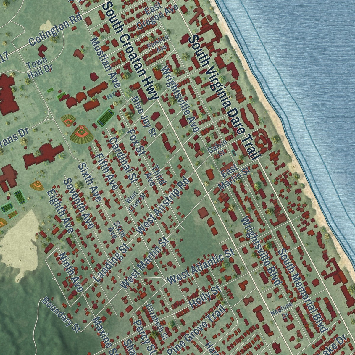 Second close-up of the map of Kill Devil Hills, North Carolina print showing more streets and buildings