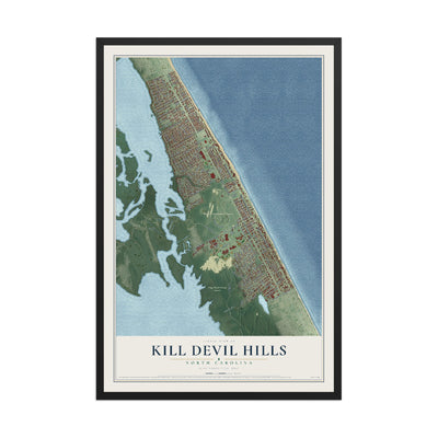 Map of Kill Devil Hills, North Carolina, 12 x 18 inch print in a black wood frame