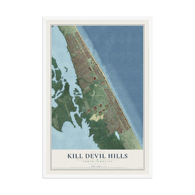 Map of Kill Devil Hills, North Carolina, 12 x 18 inch print in a white wood frame