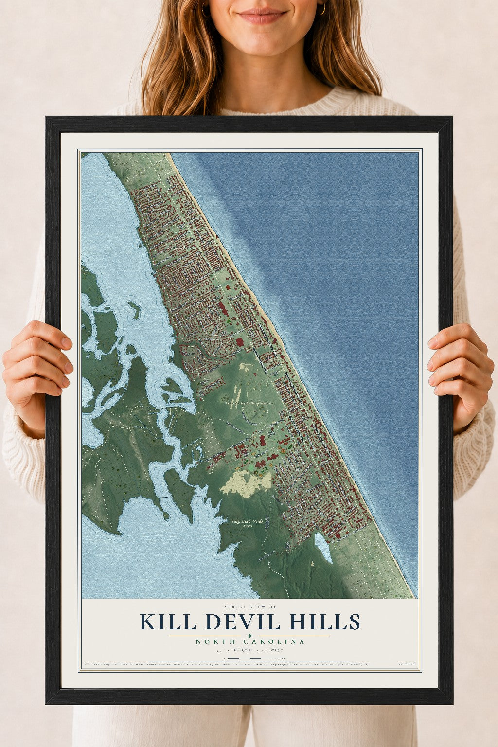 Map of Kill Devil Hills, North Carolina, 18 x 24 inch print in a black wood frame