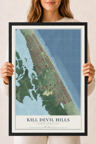 Map of Kill Devil Hills, North Carolina, 18 x 24 inch print in a black wood frame