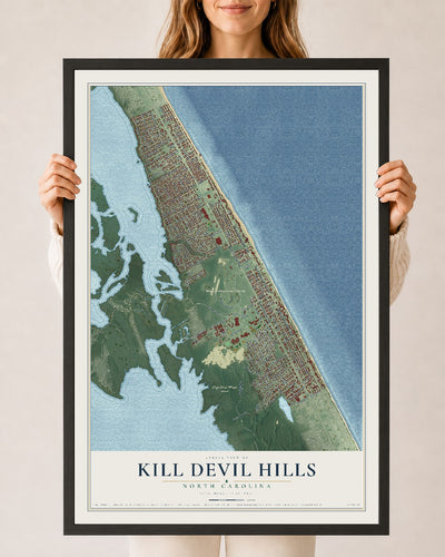 Map of Kill Devil Hills, North Carolina, 24 x 36 inch print in a black wood frame