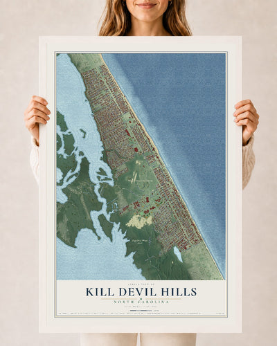 Map of Kill Devil Hills, North Carolina, 24 x 36 inch print in a white wood frame