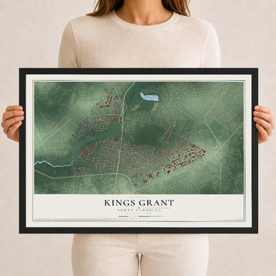 Map of Kings Grant, North Carolina, 12 x 18 inch print in a black wood frame
