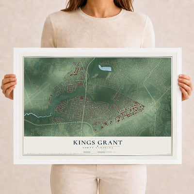 Map of Kings Grant, North Carolina, 12 x 18 inch print in a white wood frame