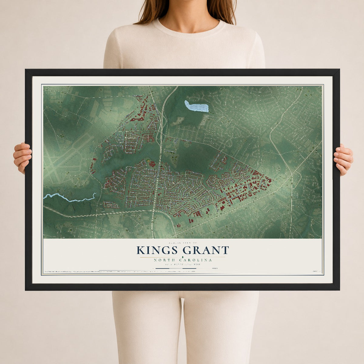Map of Kings Grant, North Carolina, 24 x 36 inch print in a black wood frame