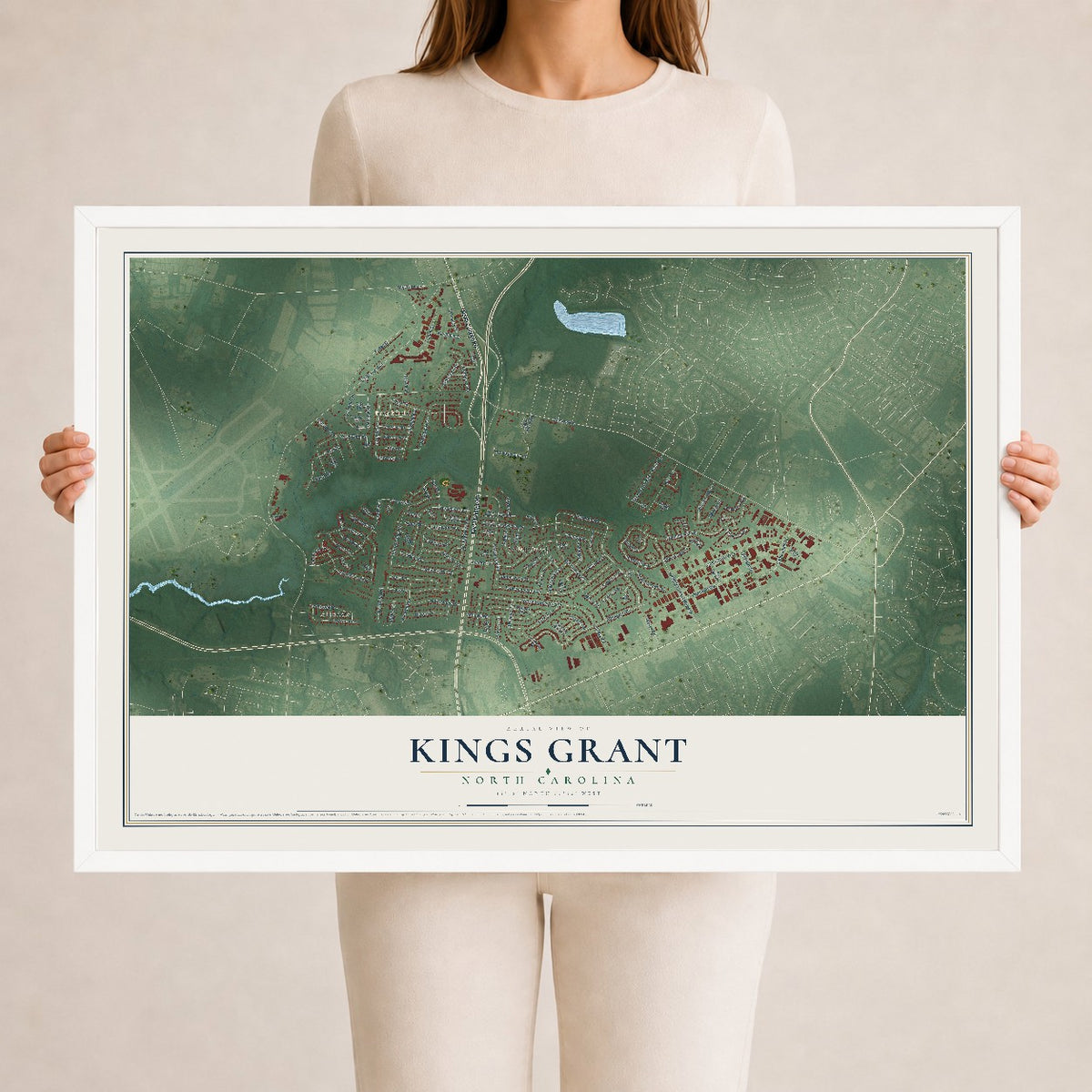 Map of Kings Grant, North Carolina, 24 x 36 inch print in a white wood frame