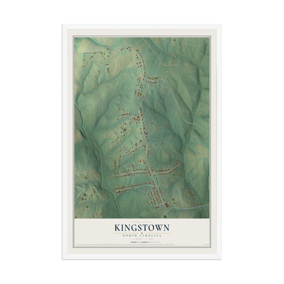 Map of Kingstown, North Carolina, 12 x 18 inch print in a white wood frame