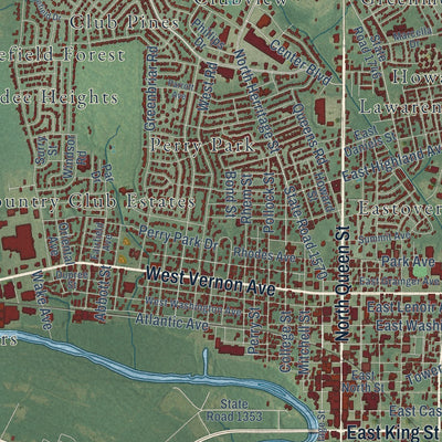Close-up of the map of Kinston, North Carolina print showing street and building detail