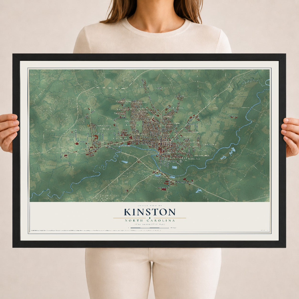 Map of Kinston, North Carolina, 18 x 24 inch print in a black wood frame