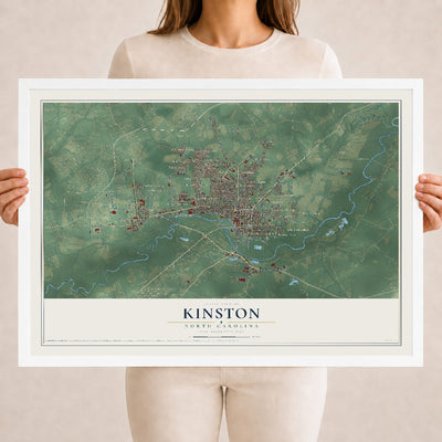 Map of Kinston, North Carolina, 18 x 24 inch print in a white wood frame