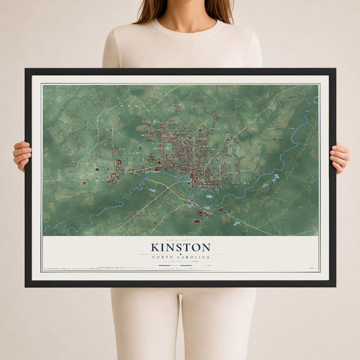 Map of Kinston, North Carolina, 24 x 36 inch print in a black wood frame