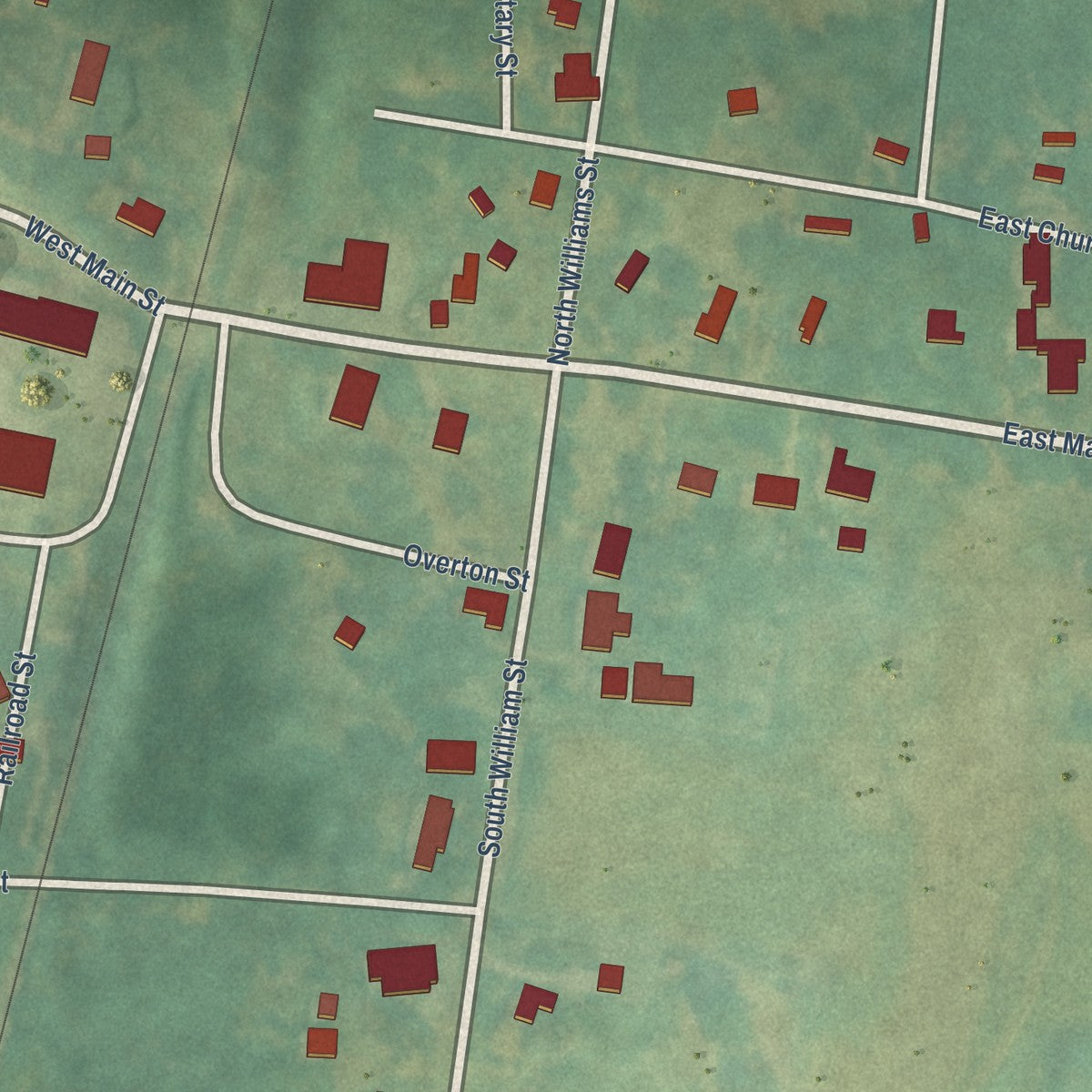 Close-up of the map of Kittrell, North Carolina print showing street and building detail