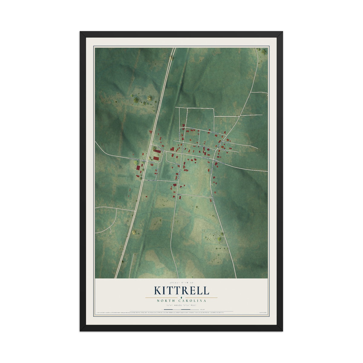 Map of Kittrell, North Carolina, 12 x 18 inch print in a black wood frame