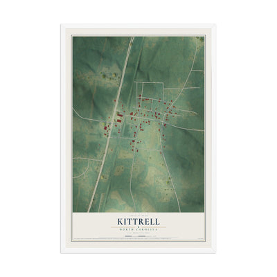 Map of Kittrell, North Carolina, 12 x 18 inch print in a white wood frame