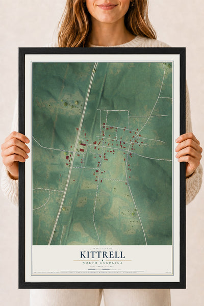 Map of Kittrell, North Carolina, 18 x 24 inch print in a black wood frame