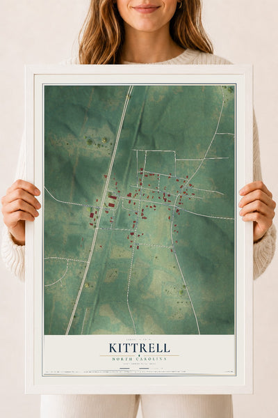 Map of Kittrell, North Carolina, 18 x 24 inch print in a white wood frame