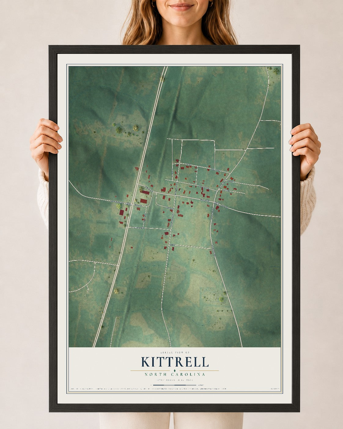 Map of Kittrell, North Carolina, 24 x 36 inch print in a black wood frame
