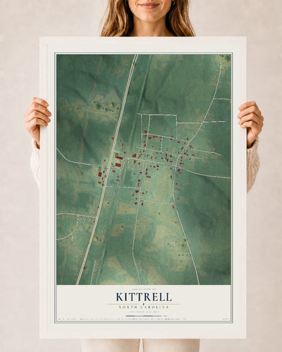 Map of Kittrell, North Carolina, 24 x 36 inch print in a white wood frame