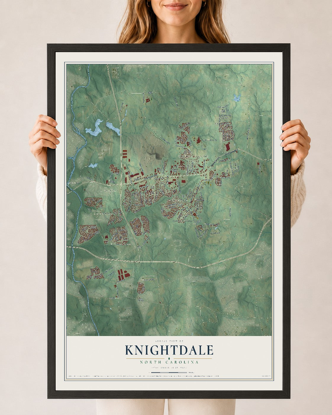 Map of Knightdale, North Carolina, 24 x 36 inch print in a black wood frame