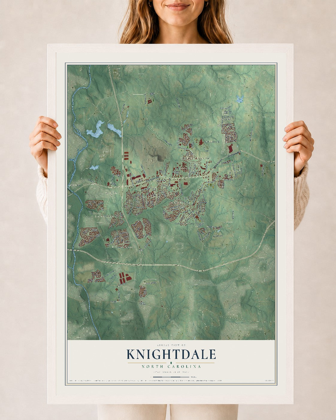 Map of Knightdale, North Carolina, 24 x 36 inch print in a white wood frame