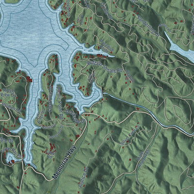 Close-up of the map of Lake Lure, North Carolina print showing street and building detail